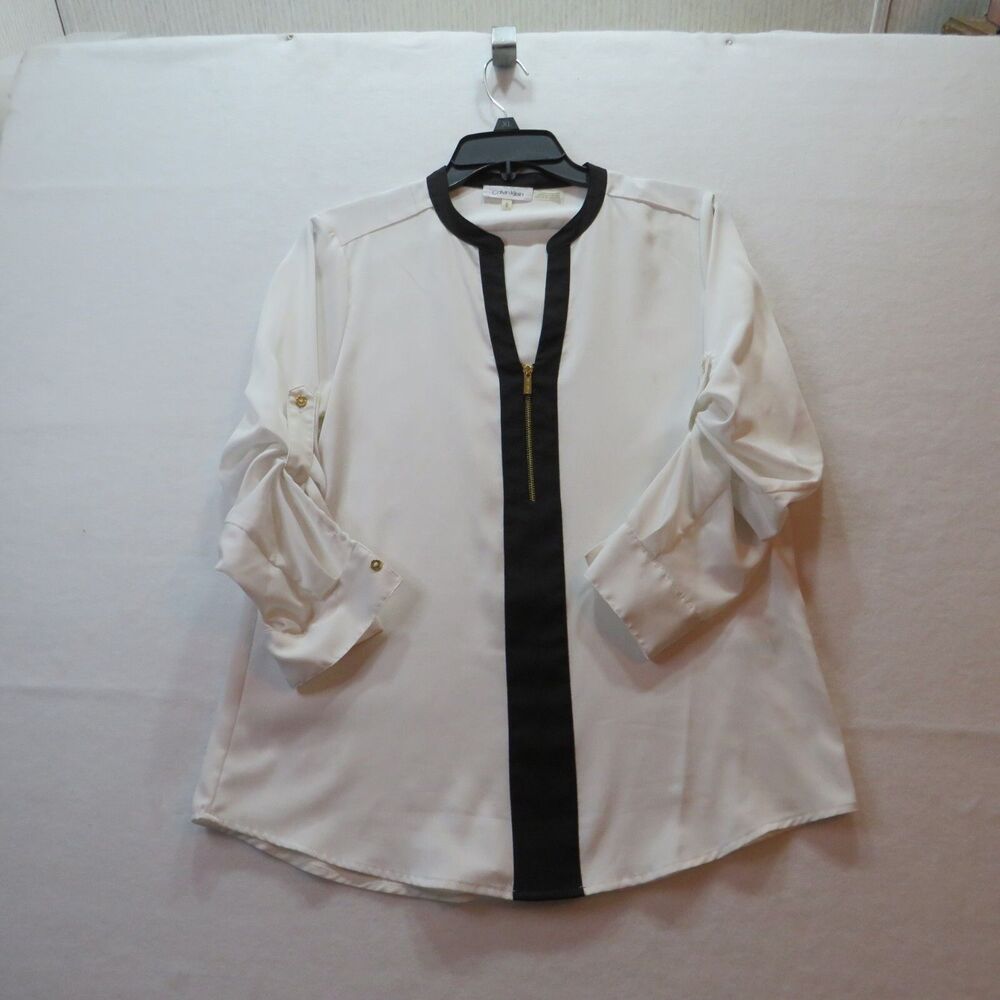 Calvin Klein Womens Contrast Neck Roll Tab Sleeve Top White S